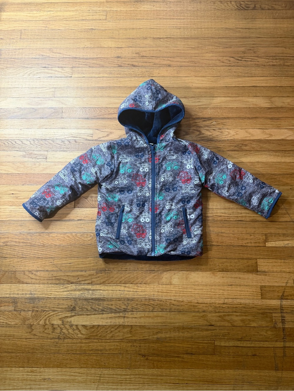 mick mack 3T Boys' Gray & Blue Constuction vehicle Hooded plush lined Jacket